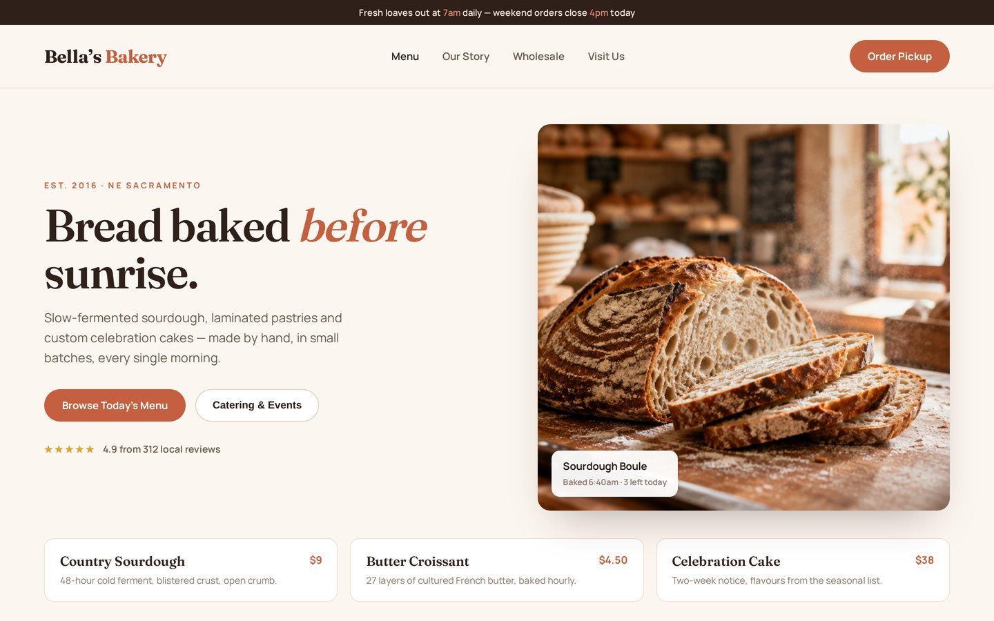 Website design for an artisan bakery with a warm cream layout, menu cards and a pickup order button
