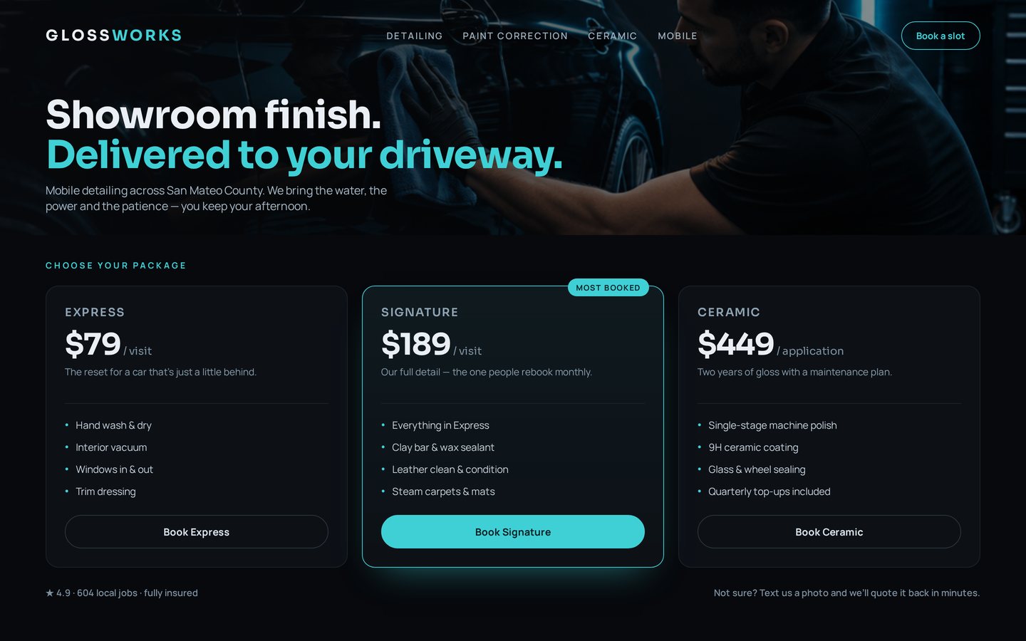 Pricing page for a mobile car detailing service showing three service packages with features