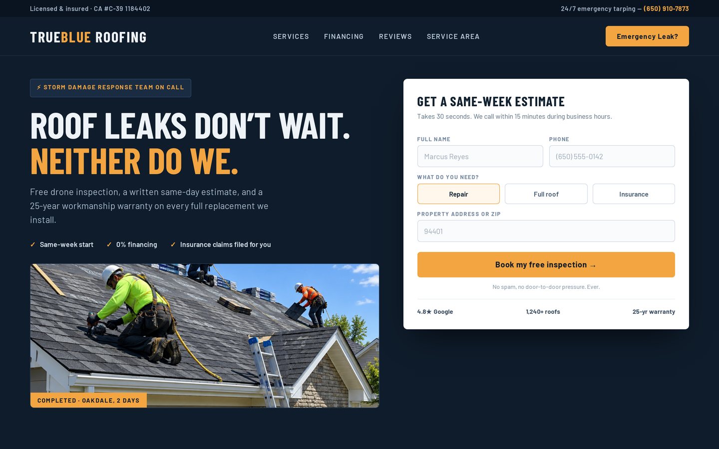 Lead generation funnel for a roofing company with a same-week estimate request form
