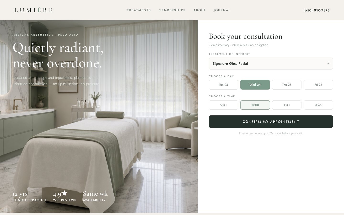 Booking funnel for a medical spa with a calendar, time slots and a confirm appointment button